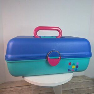 Vintage Caboodles Plastic Makeup Case With Handle & Snap Closure Blue & Teal Wit